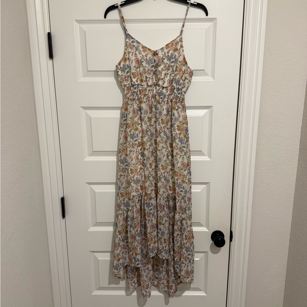 Liberty Love Cream Floral High-Low Maxi Dress with Pink Blue Green Accents